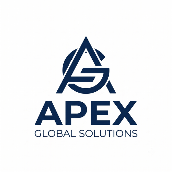 A dark navy blue logo featuring a stylized geometric 'A' and 'G' monogram above the text 'APEX GLOBAL SOLUTIONS' on a plain white background.